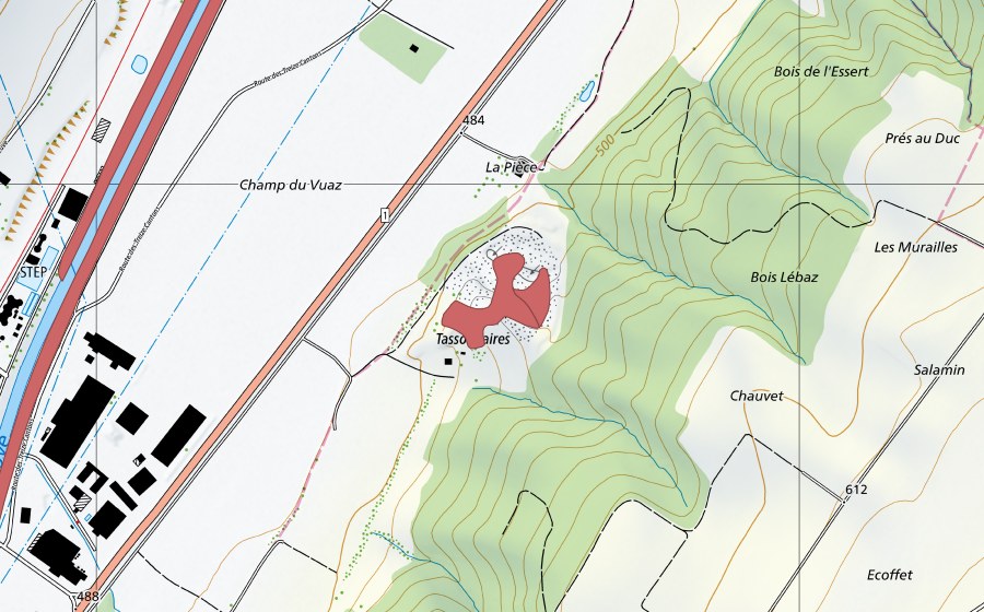 Carte nationale swisstopo avec le périmètre protégé de La Pièce (Prairie sèche)