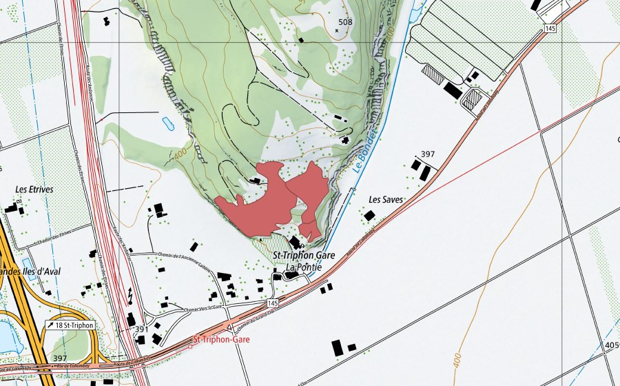 Landeskarte swisstopo mit dem Schutzperimeter von La Pontie (Trockenwiese)