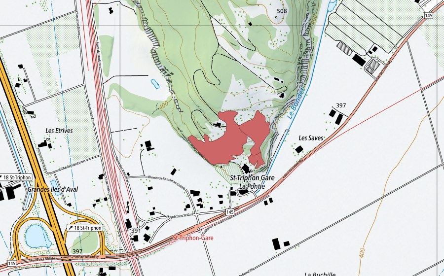 swisstopo national map showing the protected perimeter of La Pontie (Dry meadow)