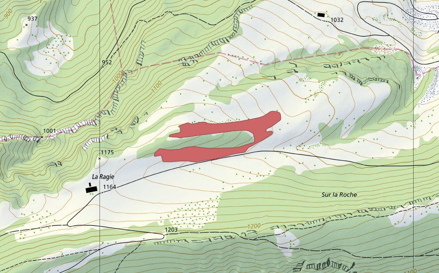 Carte nationale swisstopo avec le périmètre protégé de La Ragie (Prairie sèche)