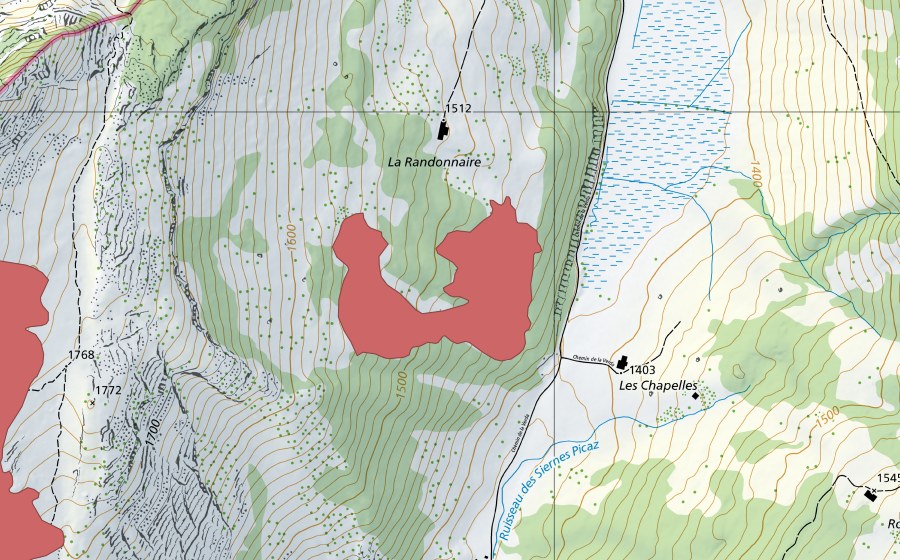 Landeskarte swisstopo mit dem Schutzperimeter von La Randonnaire (Trockenwiese)