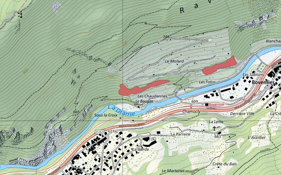 Landeskarte swisstopo mit dem Schutzperimeter von La Ravoire (Trockenwiese)