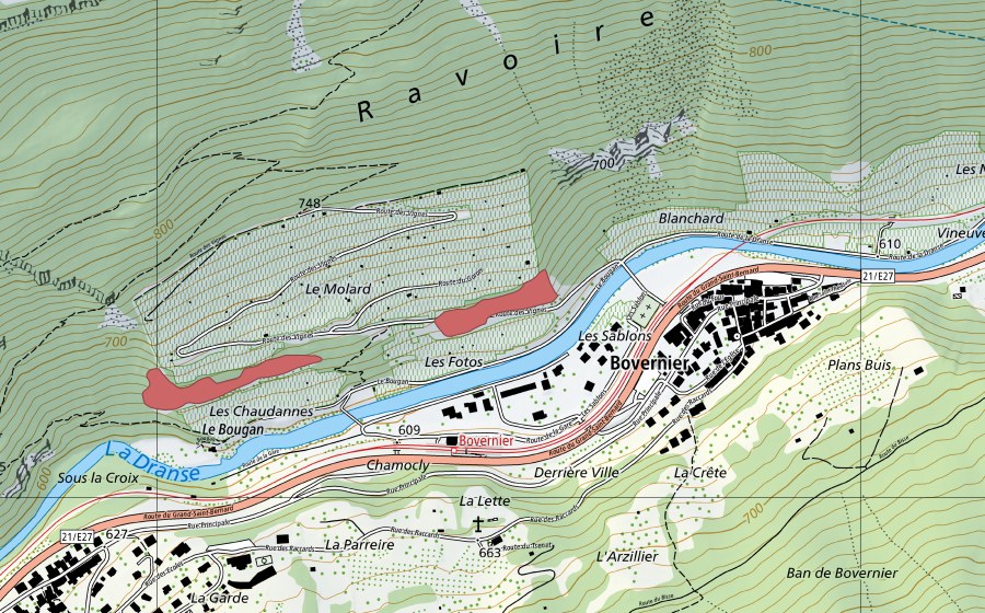 Carte nationale swisstopo avec le périmètre protégé de La Ravoire (Prairie sèche)