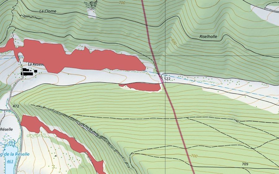 Landeskarte swisstopo mit dem Schutzperimeter von La Réselle de Soyhières (Trockenwiese)