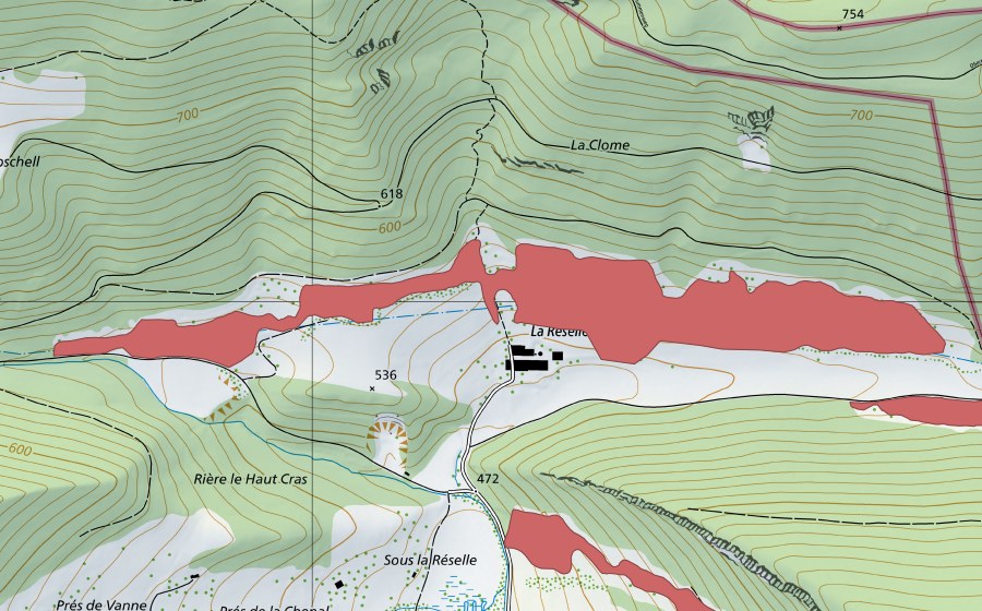 swisstopo national map showing the protected perimeter of La Réselle de Soyhières (Dry meadow)