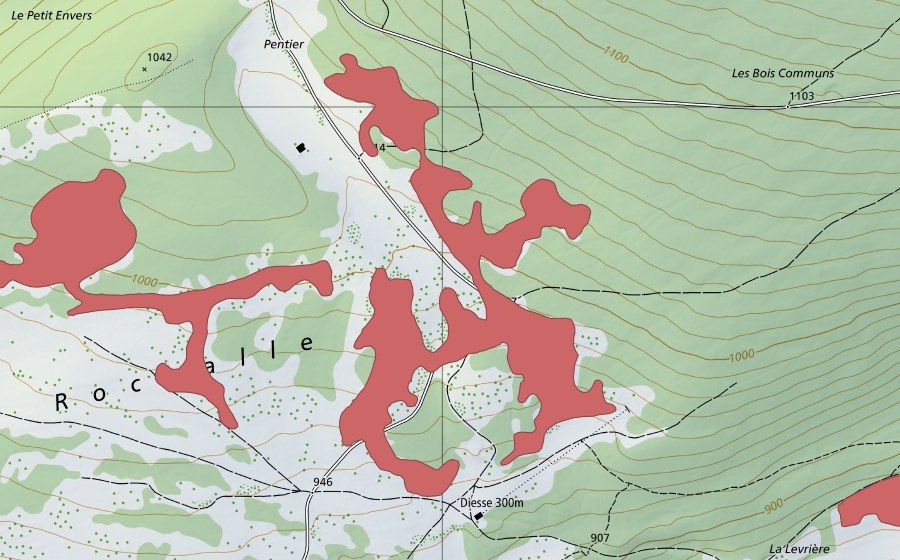 Landeskarte swisstopo mit dem Schutzperimeter von La Rochalle (Trockenwiese)