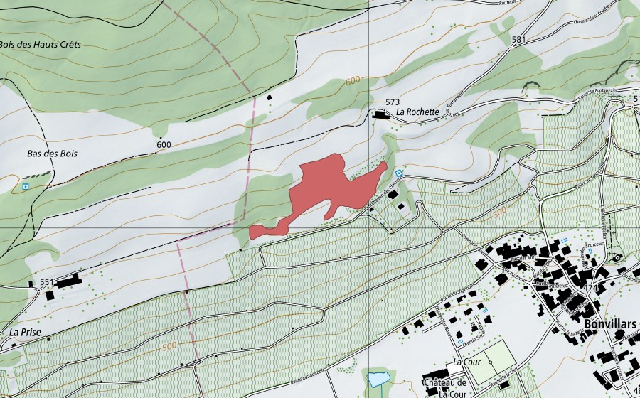 Carte nationale swisstopo avec le périmètre protégé de La Rochette (Prairie sèche)