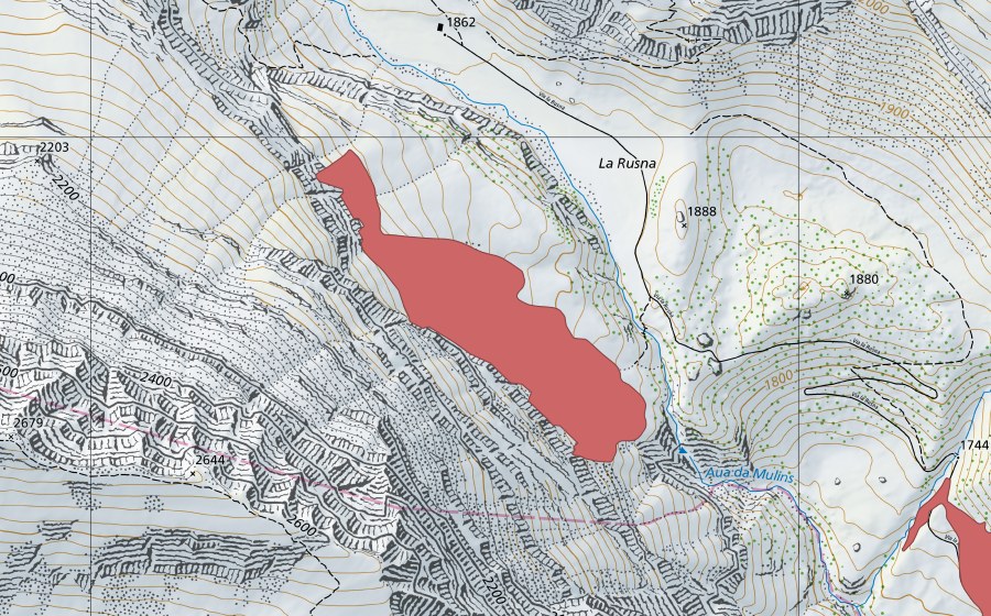 Carte nationale swisstopo avec le périmètre protégé de La Rusna (Prairie sèche)