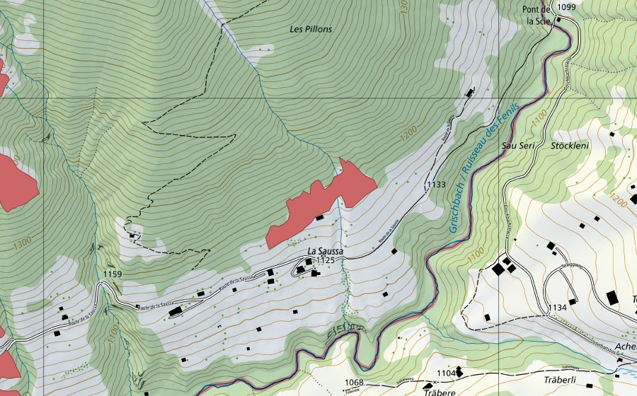 Carte nationale swisstopo avec le périmètre protégé de La Saussa (Prairie sèche)