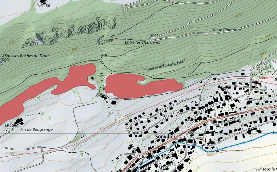 Carte nationale swisstopo avec le périmètre protégé de La Sceut (Prairie sèche)