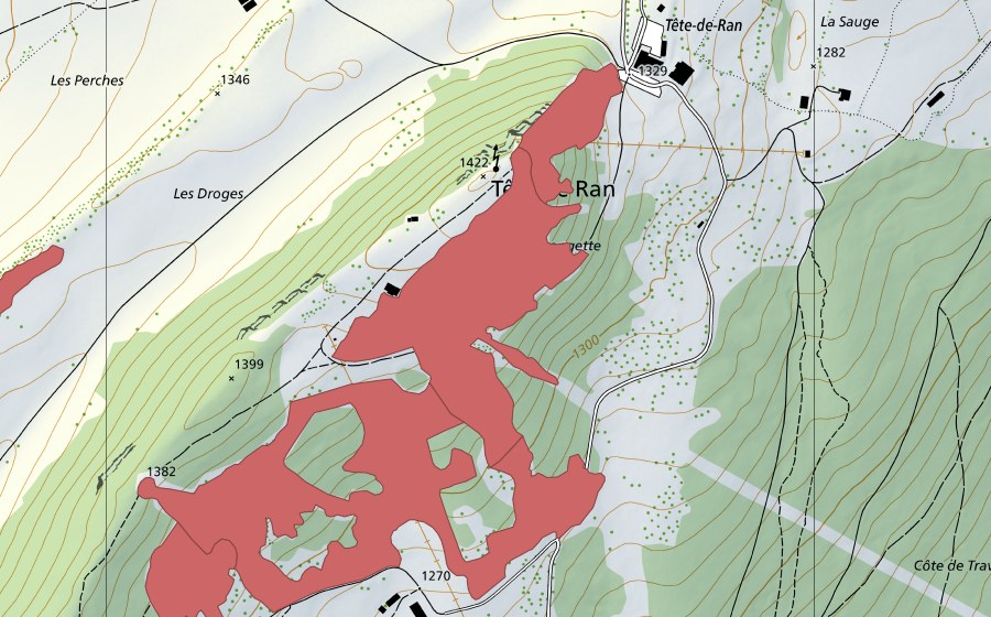 swisstopo national map showing the protected perimeter of La Serment (Dry meadow)