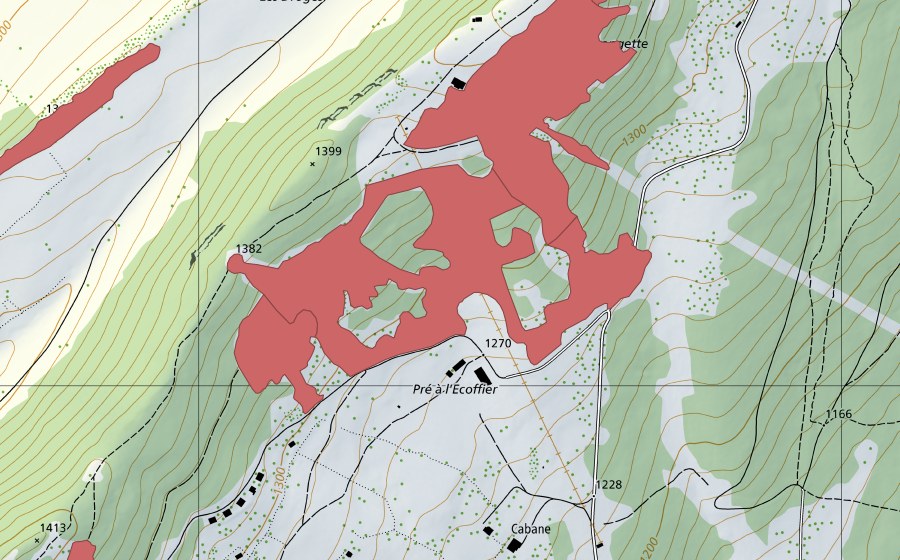 Landeskarte swisstopo mit dem Schutzperimeter von La Serment (Trockenwiese)