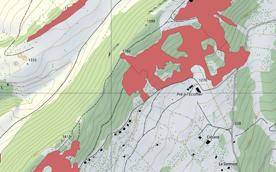 Landeskarte swisstopo mit dem Schutzperimeter von La Serment (Trockenwiese)