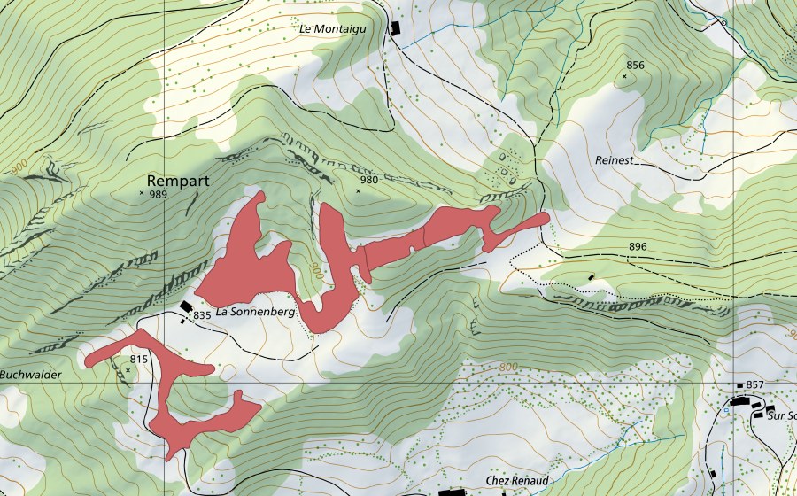 Landeskarte swisstopo mit dem Schutzperimeter von La Sonnenberg (Trockenwiese)