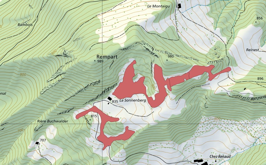 Landeskarte swisstopo mit dem Schutzperimeter von La Sonnenberg (Trockenwiese)