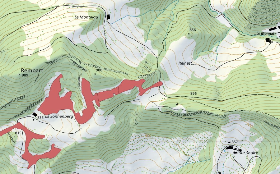 Landeskarte swisstopo mit dem Schutzperimeter von La Sonnenberg (Trockenwiese)