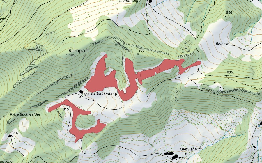 Carte nationale swisstopo avec le périmètre protégé de La Sonnenberg (Prairie sèche)