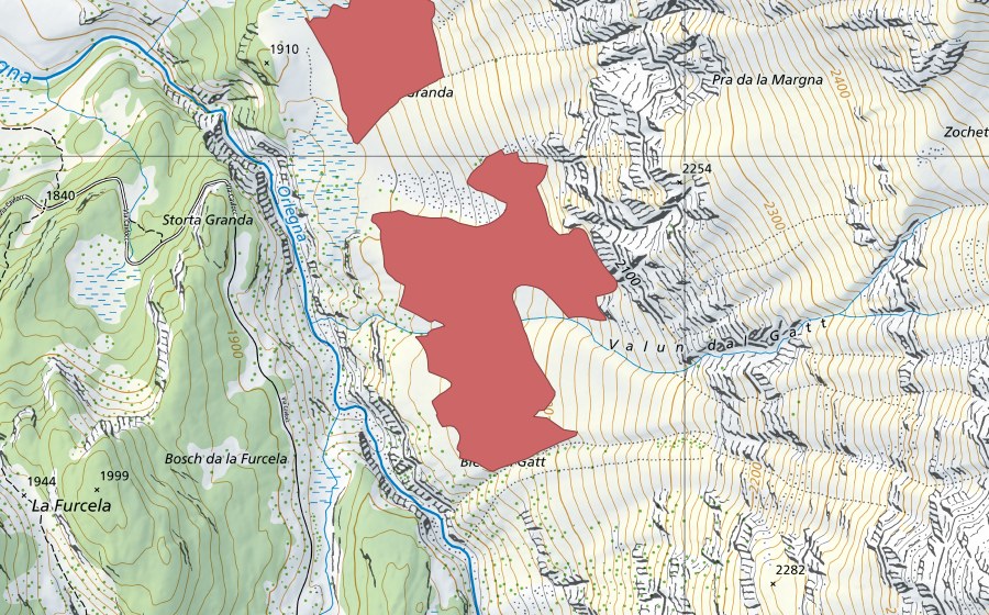 Carte nationale swisstopo avec le périmètre protégé de La Taiäda (Prairie sèche)