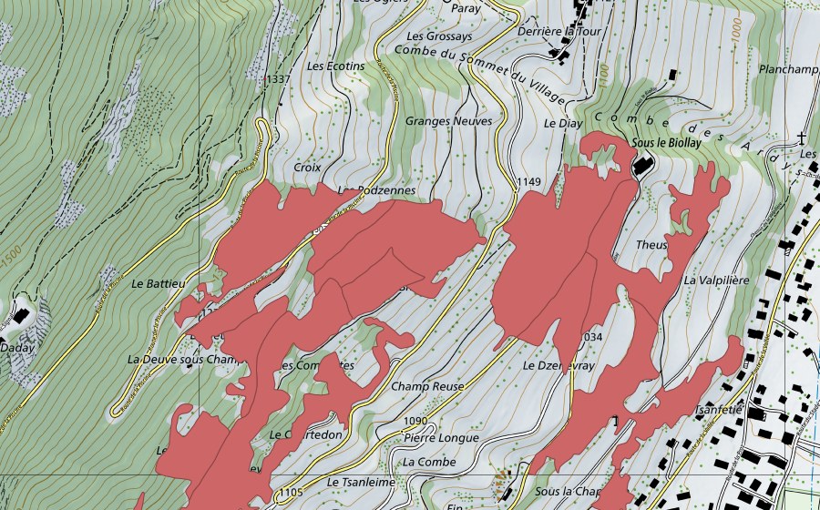 swisstopo national map showing the protected perimeter of La Theuse (Dry meadow)