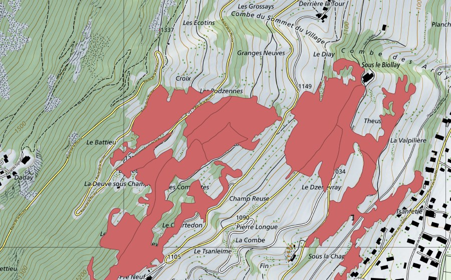 Carte nationale swisstopo avec le périmètre protégé de La Theuse (Prairie sèche)