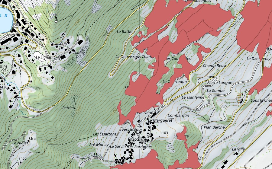 swisstopo national map showing the protected perimeter of La Theuse (Dry meadow)
