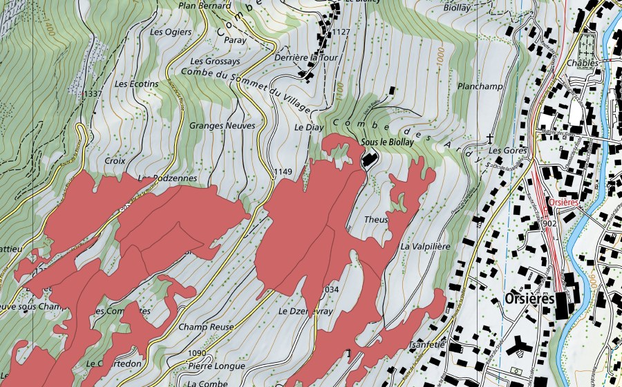 Carte nationale swisstopo avec le périmètre protégé de La Theuse (Prairie sèche)