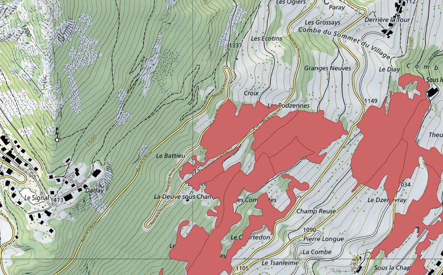 Landeskarte swisstopo mit dem Schutzperimeter von La Theuse (Trockenwiese)