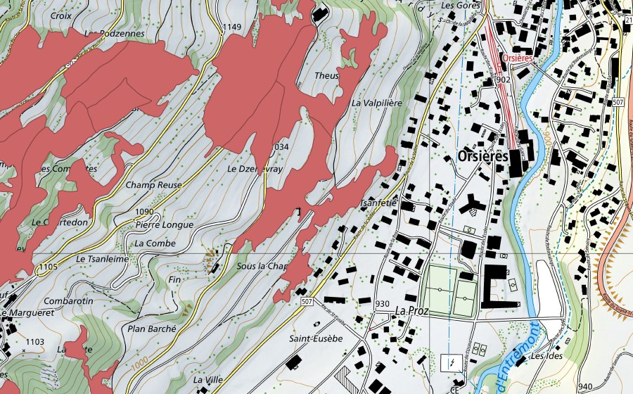 swisstopo national map showing the protected perimeter of La Theuse (Dry meadow)