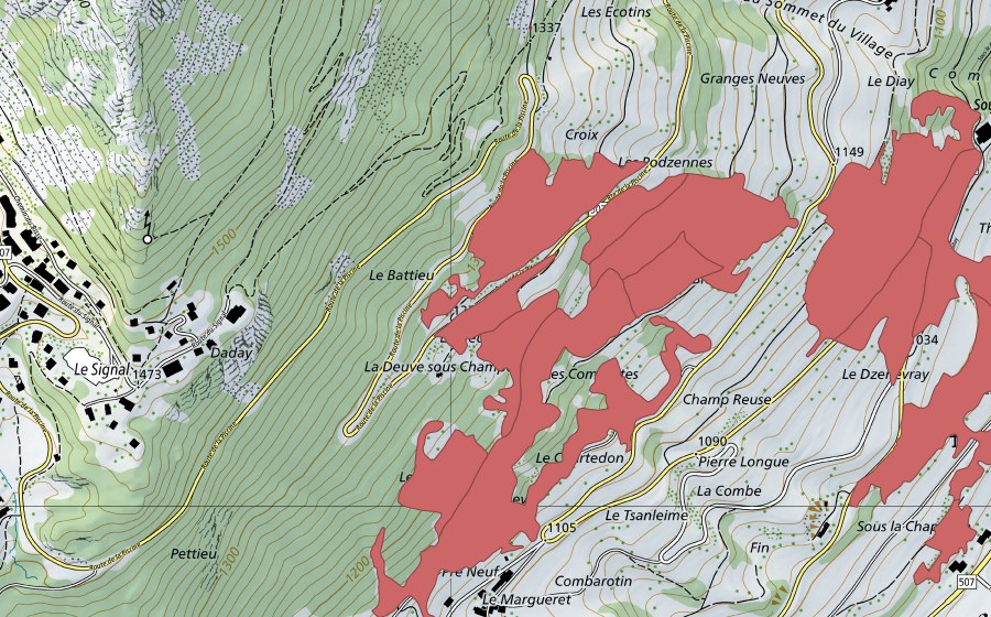 Carte nationale swisstopo avec le périmètre protégé de La Theuse (Prairie sèche)