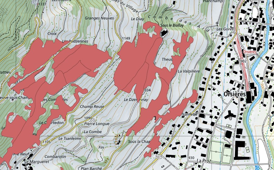 Landeskarte swisstopo mit dem Schutzperimeter von La Theuse (Trockenwiese)