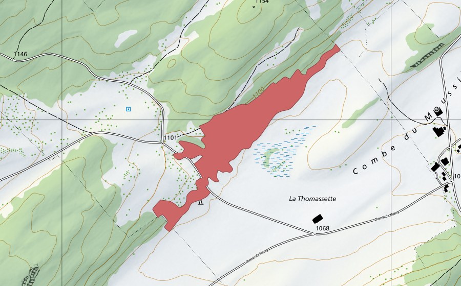 Carte nationale swisstopo avec le périmètre protégé de La Thomassette (Prairie sèche)