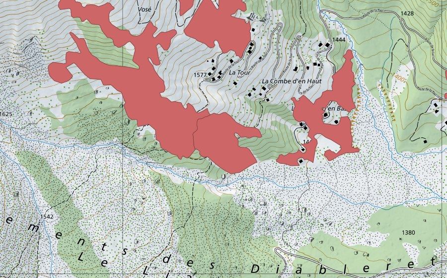 Carte nationale swisstopo avec le périmètre protégé de La Tour (Prairie sèche)