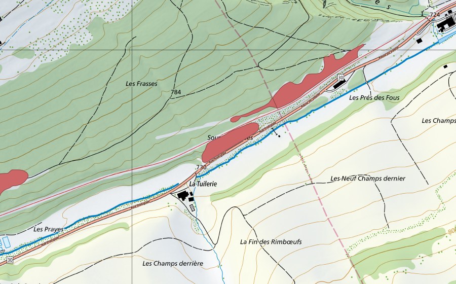 Carte nationale swisstopo avec le périmètre protégé de La Tuilerie (Prairie sèche)