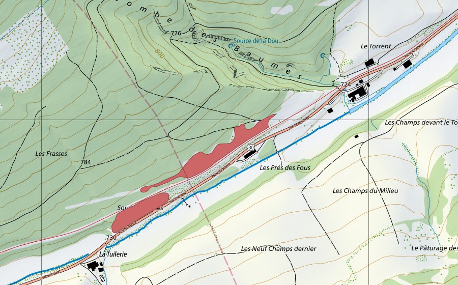 swisstopo national map showing the protected perimeter of La Tuilerie (Dry meadow)