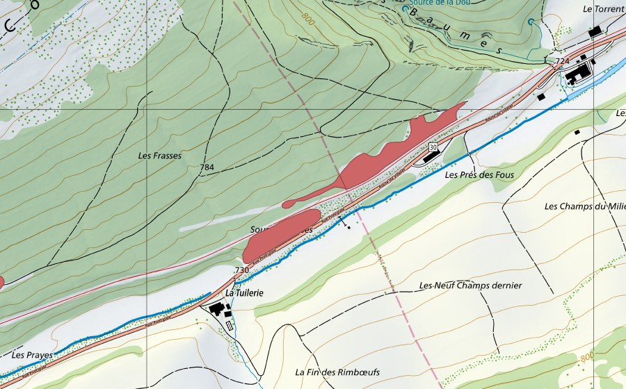 Carte nationale swisstopo avec le périmètre protégé de La Tuilerie (Prairie sèche)