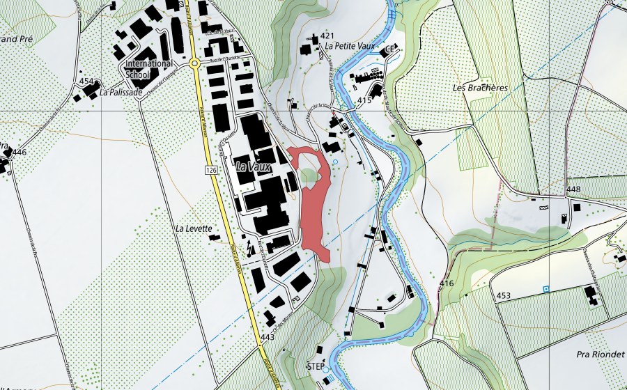 Landeskarte swisstopo mit dem Schutzperimeter von La Vaux (Trockenwiese)