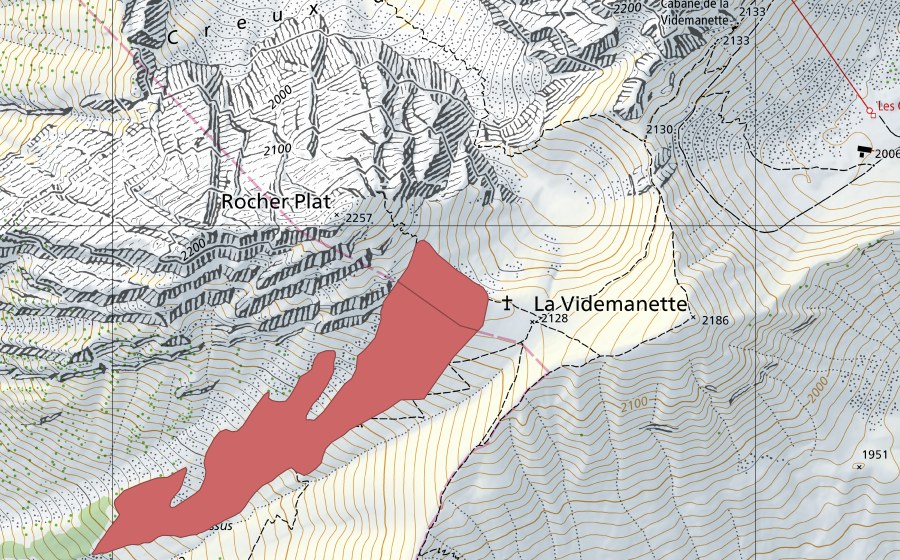 swisstopo national map showing the protected perimeter of La Videman Dessus (Dry meadow)
