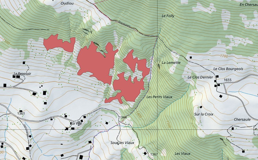 Carte nationale swisstopo avec le périmètre protégé de La Ville (Prairie sèche)