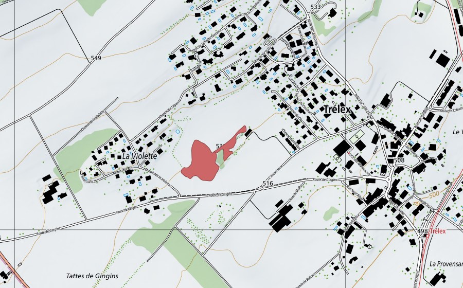 Carte nationale swisstopo avec le périmètre protégé de La Violette (Prairie sèche)