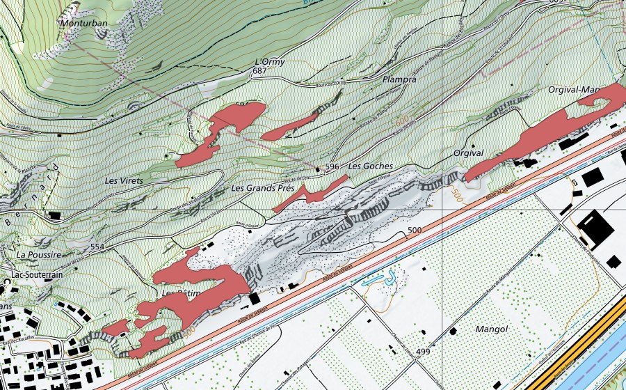 Carte nationale swisstopo avec le périmètre protégé de Lac Souterrain (Prairie sèche)