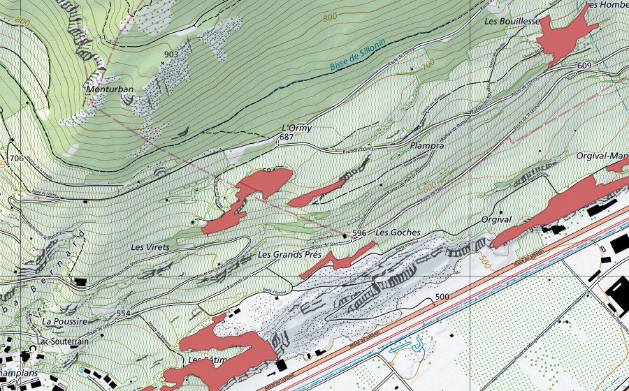 Carte nationale swisstopo avec le périmètre protégé de Lac Souterrain (Prairie sèche)