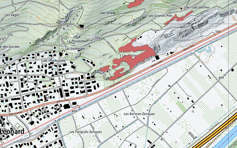 Landeskarte swisstopo mit dem Schutzperimeter von Lac Souterrain (Trockenwiese)