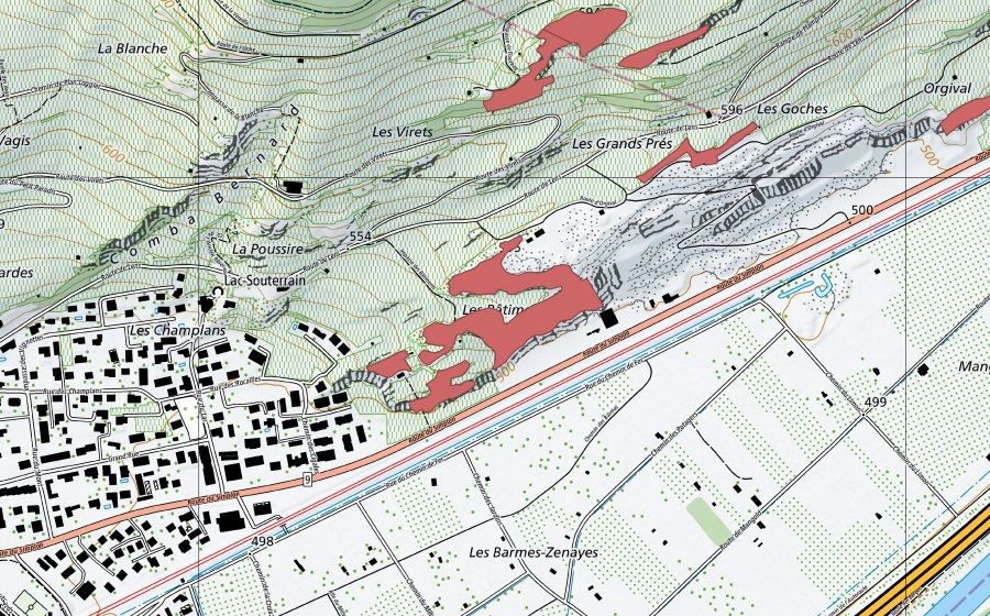 swisstopo national map showing the protected perimeter of Lac Souterrain (Dry meadow)