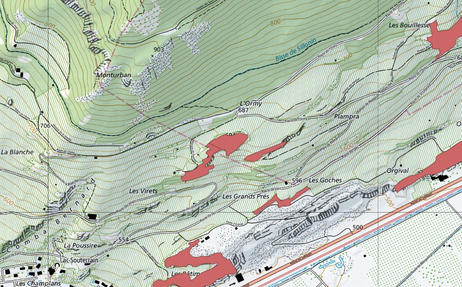 Landeskarte swisstopo mit dem Schutzperimeter von Lac Souterrain (Trockenwiese)