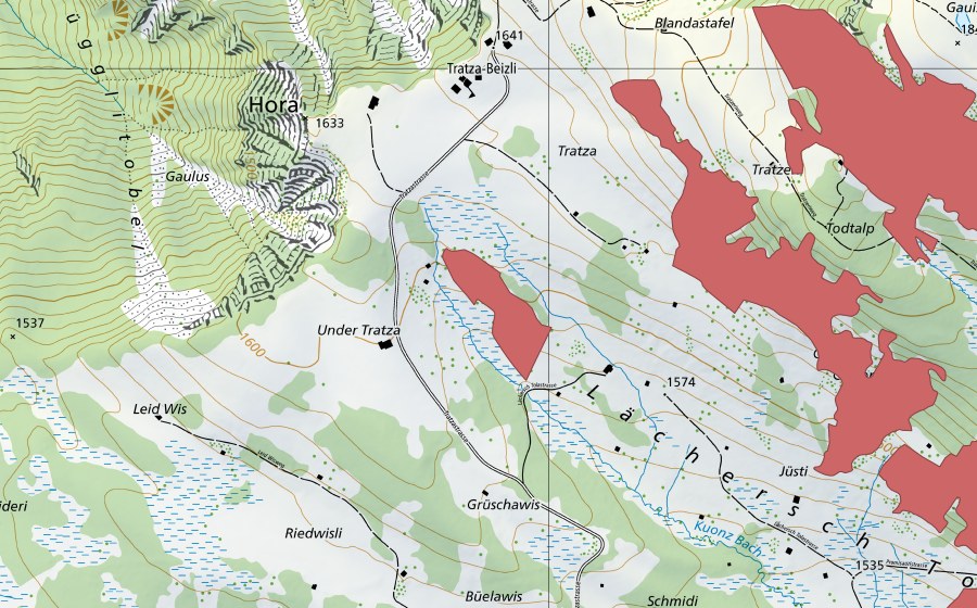 swisstopo national map showing the protected perimeter of Lächersch Tolen (Dry meadow)
