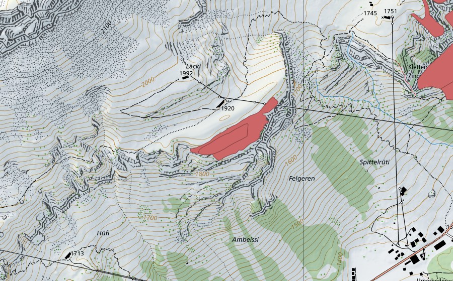 Carte nationale swisstopo avec le périmètre protégé de Läcki (Prairie sèche)