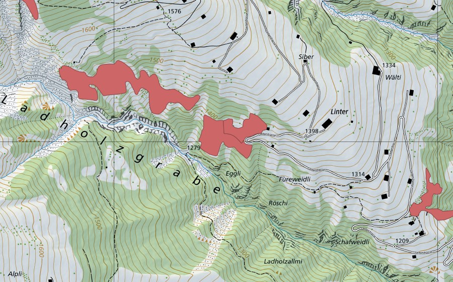 Landeskarte swisstopo mit dem Schutzperimeter von Ladholzgrabe (Trockenwiese)