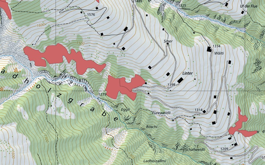 Landeskarte swisstopo mit dem Schutzperimeter von Ladholzgrabe (Trockenwiese)
