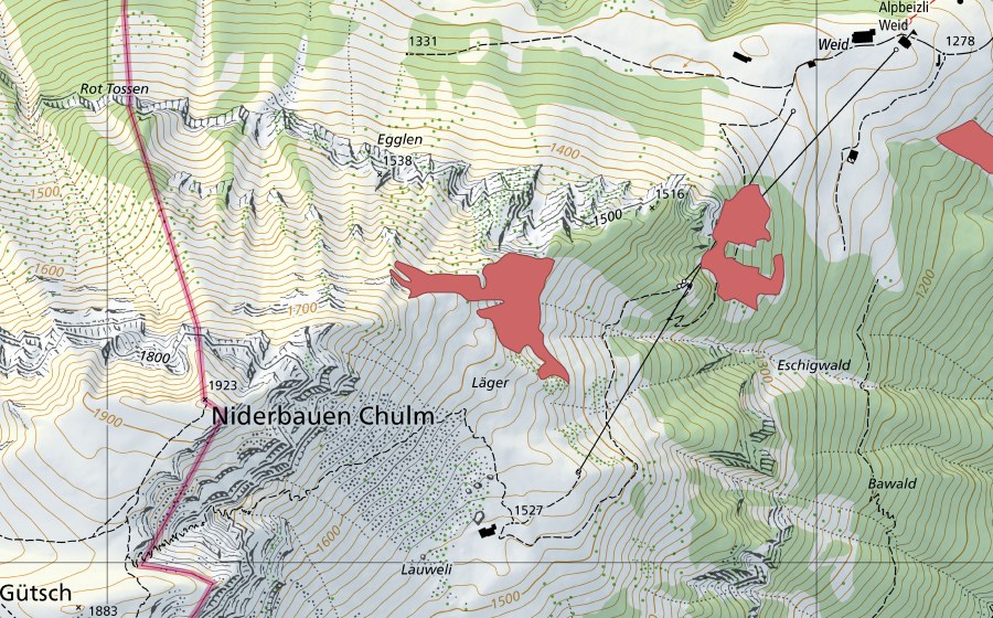 Landeskarte swisstopo mit dem Schutzperimeter von Läger (Trockenwiese)