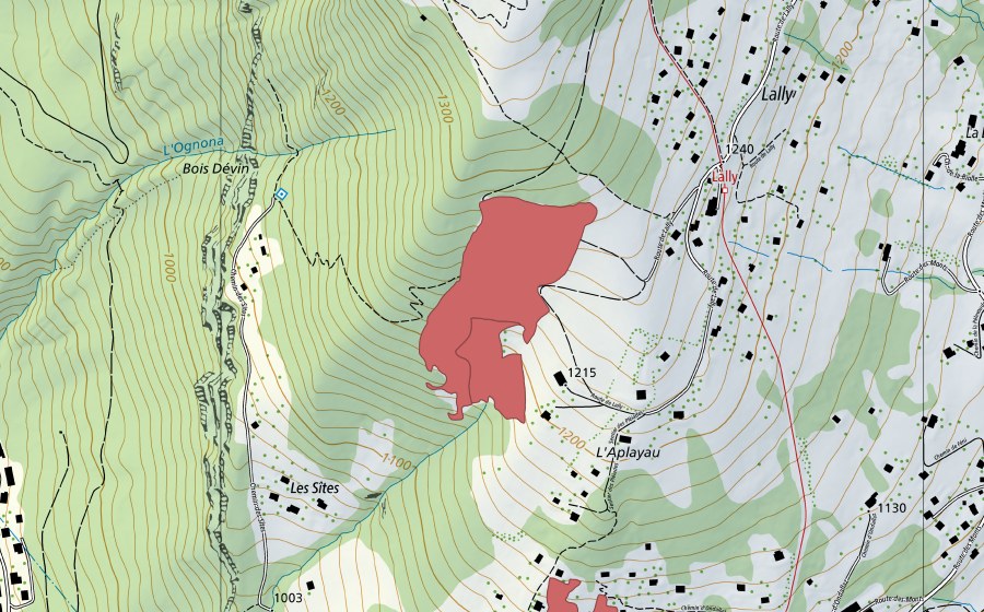 Carte nationale swisstopo avec le périmètre protégé de Lally (Prairie sèche)